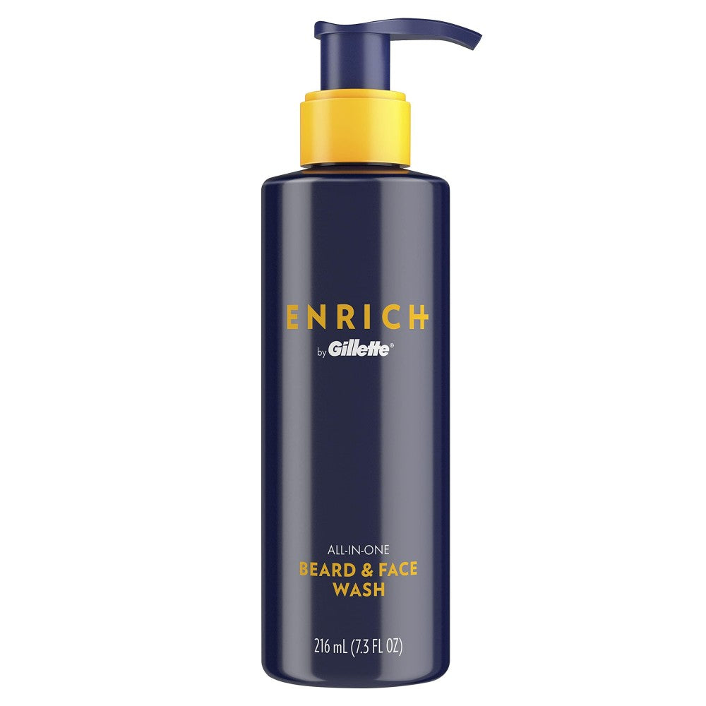 All-in-one beard & face wash bottle with yellow pump and ENRICH by Gillette label