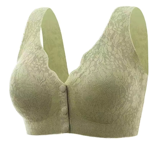 Sage green lace front-button nursing bra, V-neck cups, molded fit