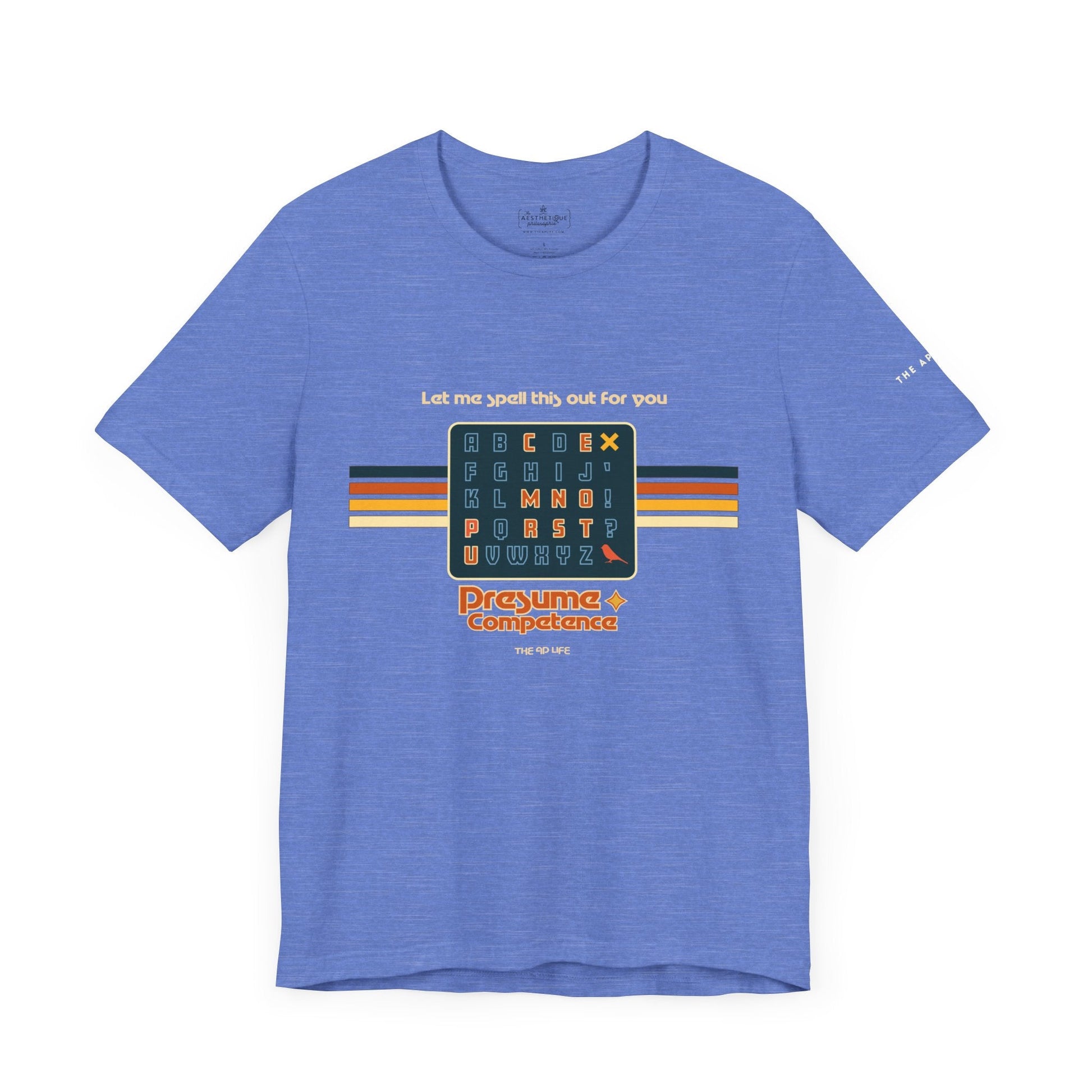 Heather blue unisex jersey tee with spelling-themed letter grid graphic on front, short sleeves