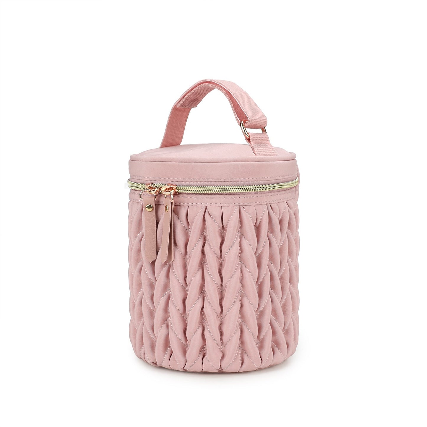 Pink insulated baby bottle bag with carry handle, ruched fabric, and zip closure
