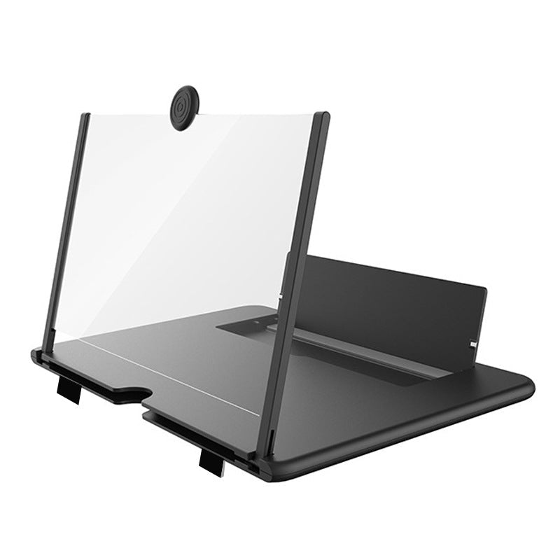 Dark gray phone screen magnifier stand with foldable lens panel and angled base