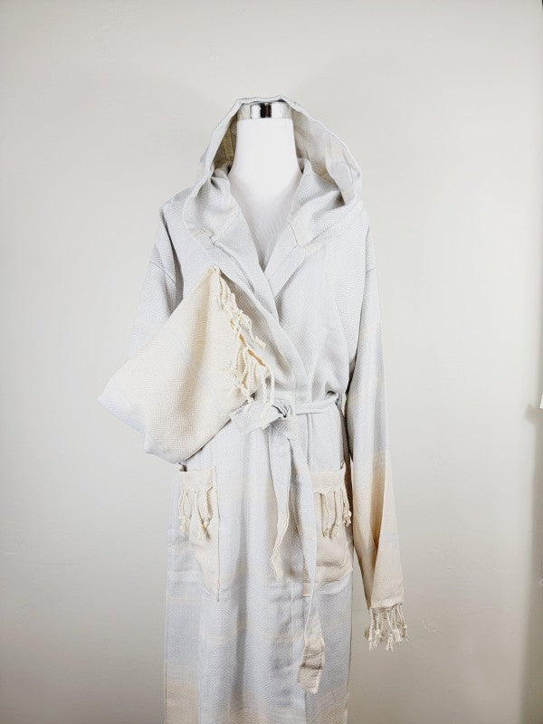 Off-white hooded robe with open front, tie belt, and patch pockets
