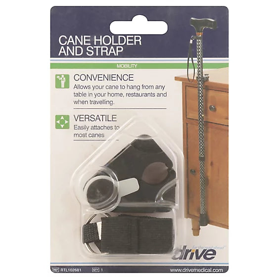 Cane holder with metal chain and black strap for mobility cane storage
