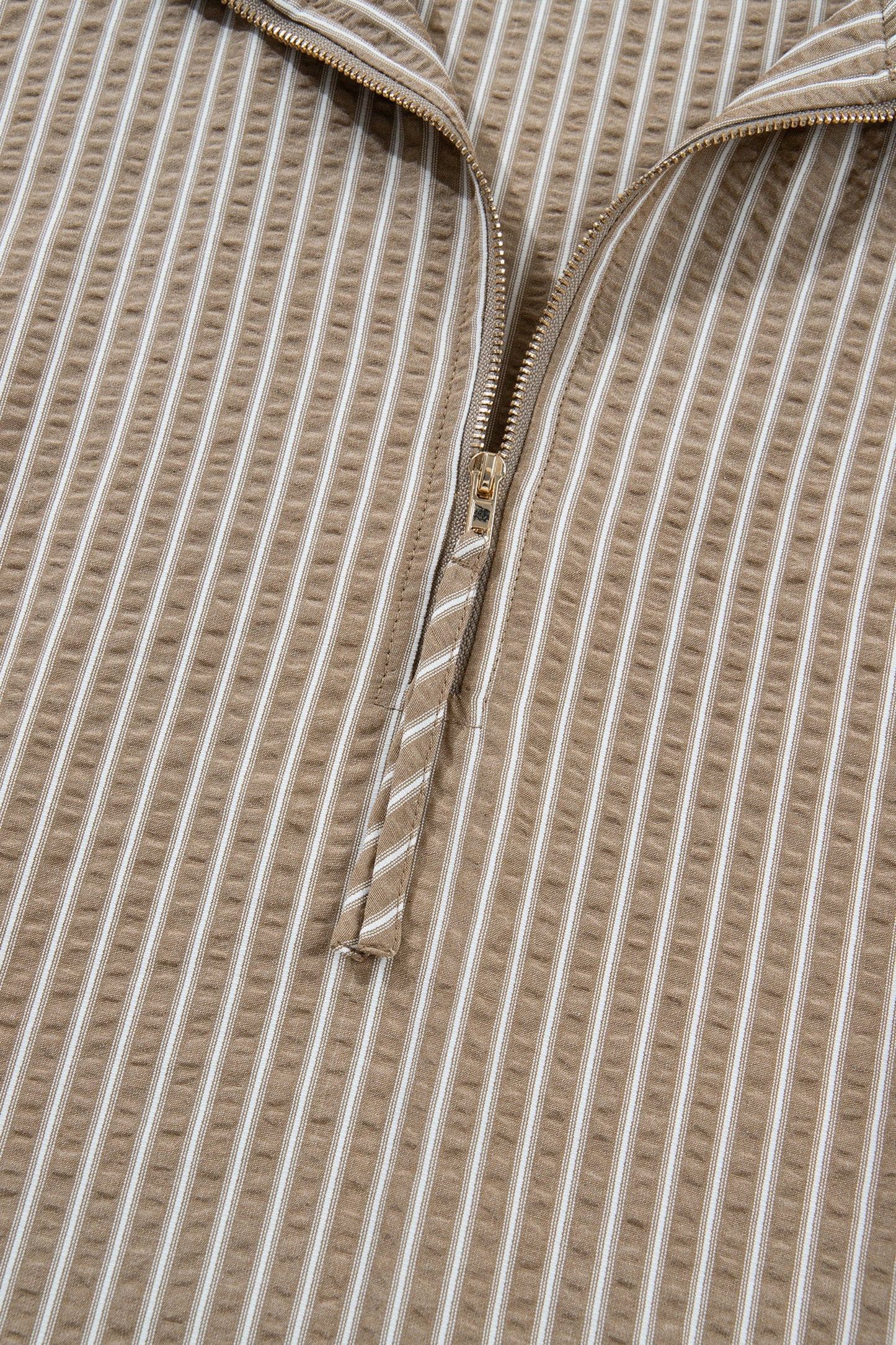 Striped mini dress front zipper with drawcord pull and metal zipper tab