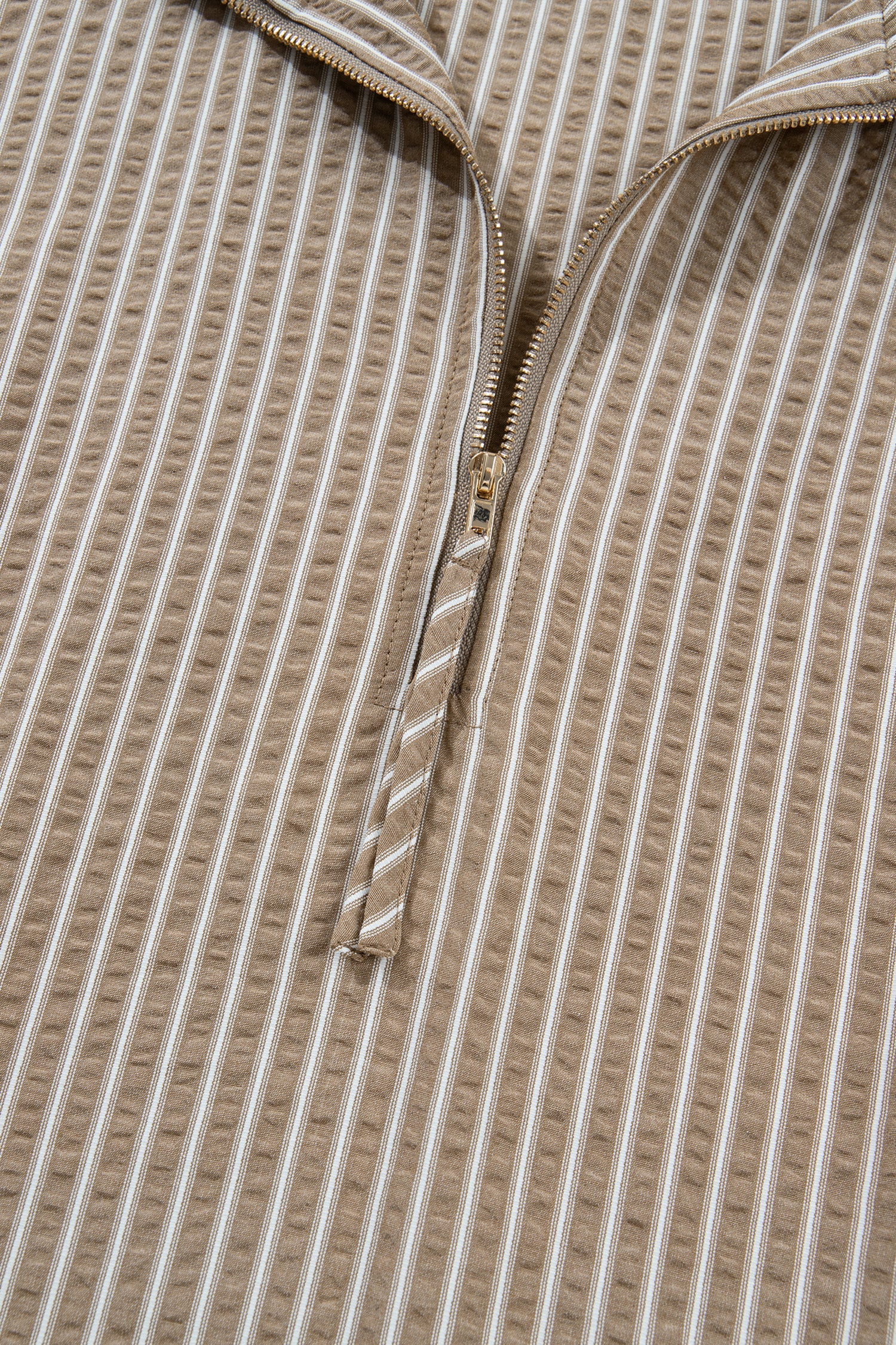 Striped mini dress front zipper with drawcord pull and metal zipper tab