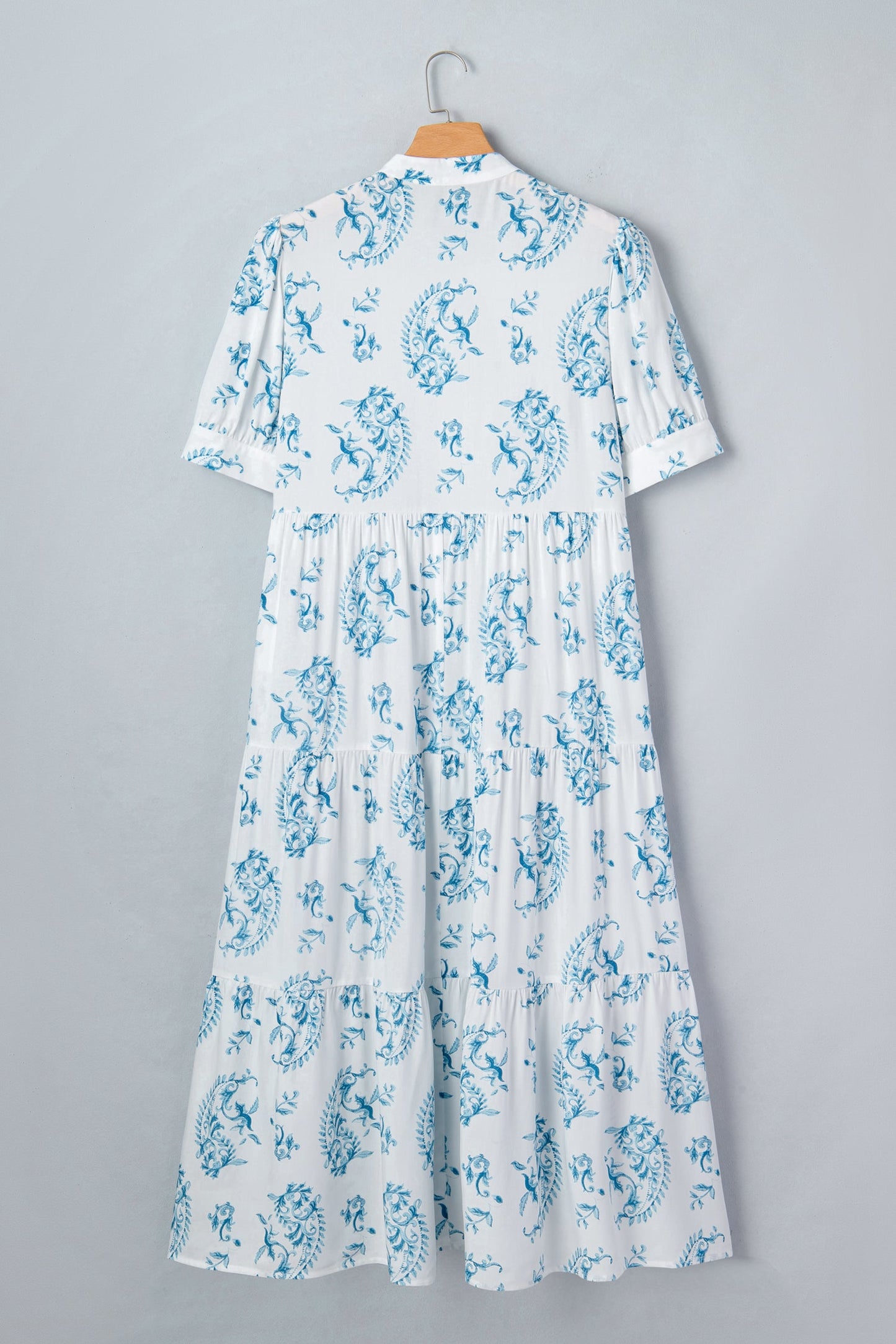 Sky blue floral short sleeve maxi dress with gathered yoke and tiered skirt