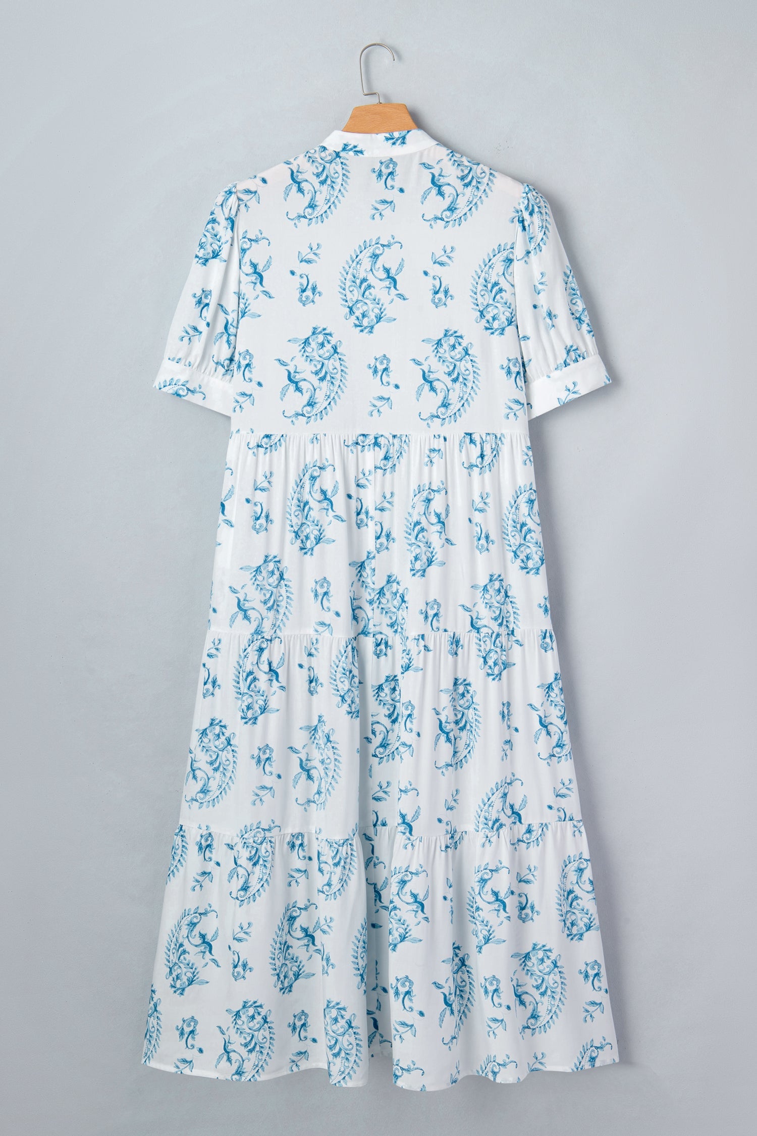 Sky blue floral short sleeve maxi dress with gathered yoke and tiered skirt