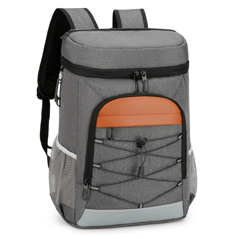 Gray insulated backpack with orange front panel, mesh side panels, and zippered front pocket