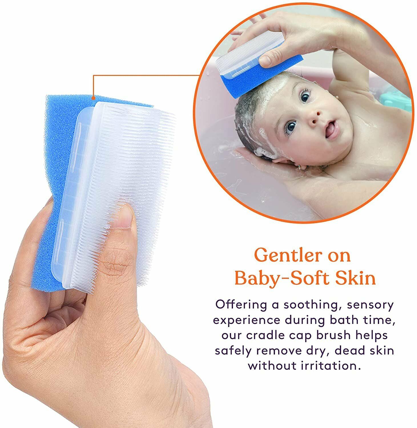 Handheld baby bath sponge and brush with blue foam block and white bristles