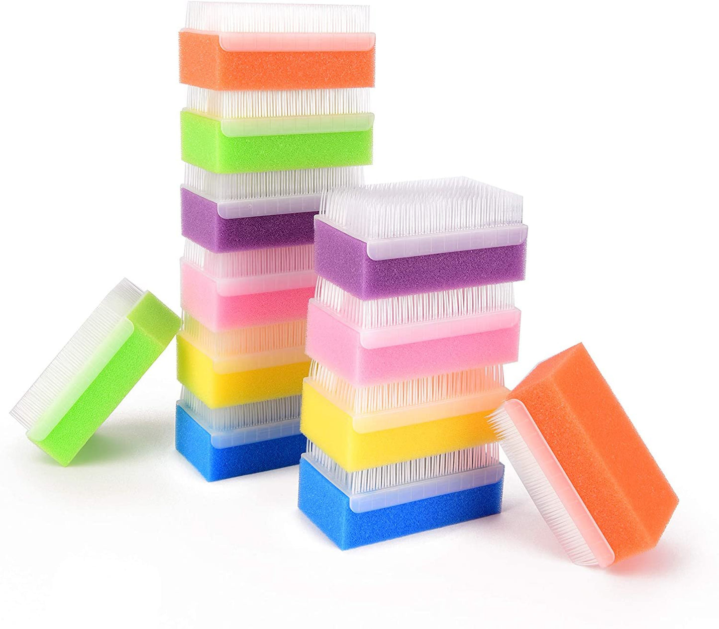 Stacked baby bath sponge and brush set with multicolor foam blocks and bristle sides