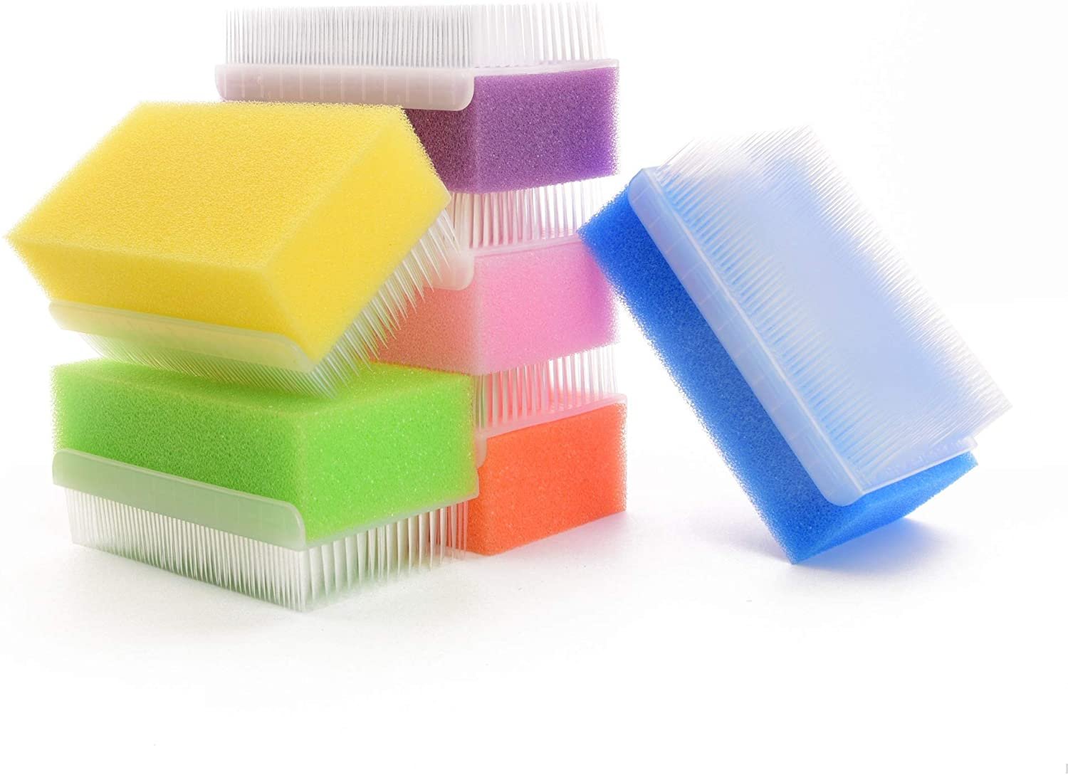 Baby bath sponge and brush set with colorful foam blocks and white bristle sides
