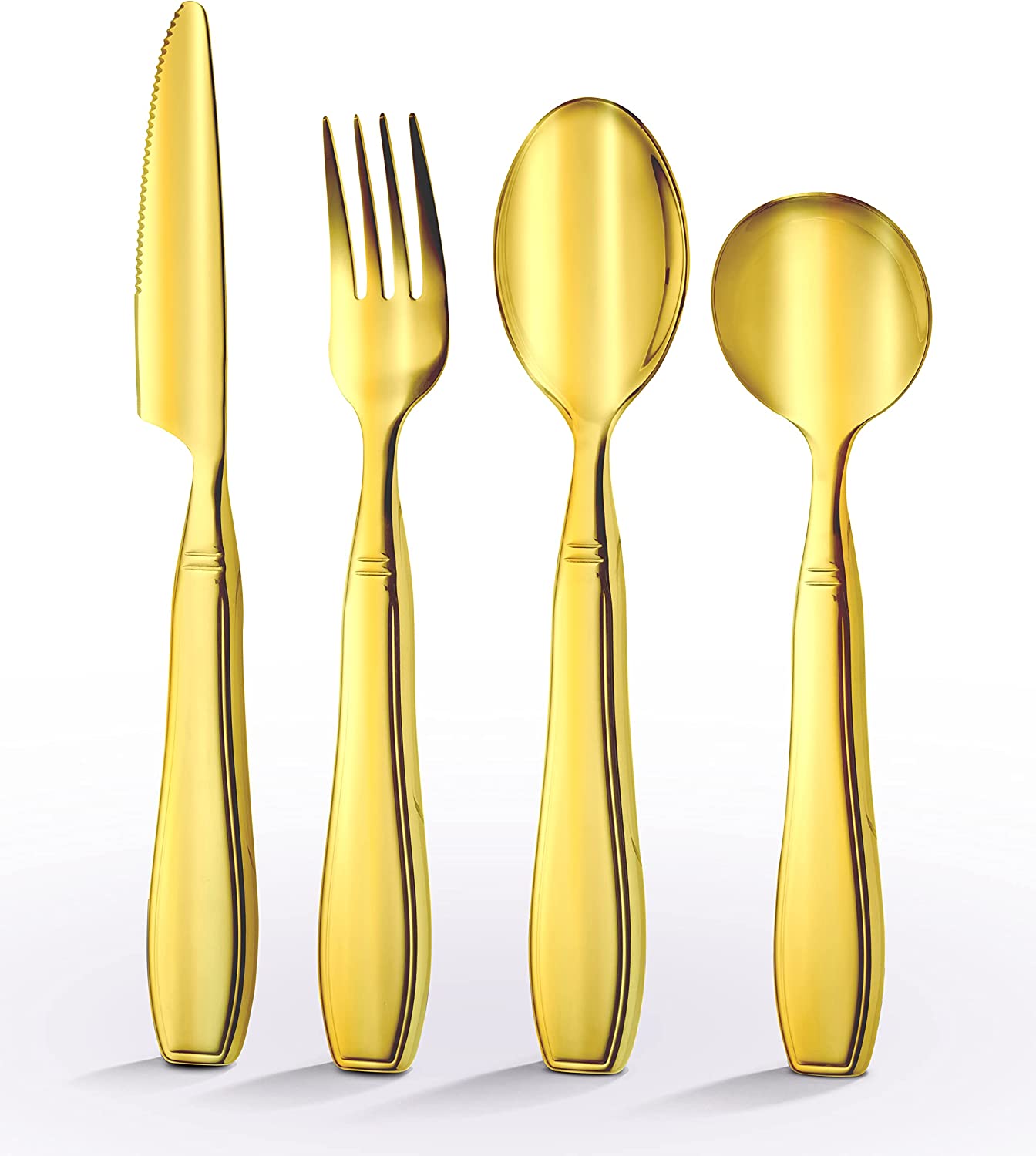 Gold stainless-steel adaptive utensils set: knife, fork, dinner spoon, soup spoon