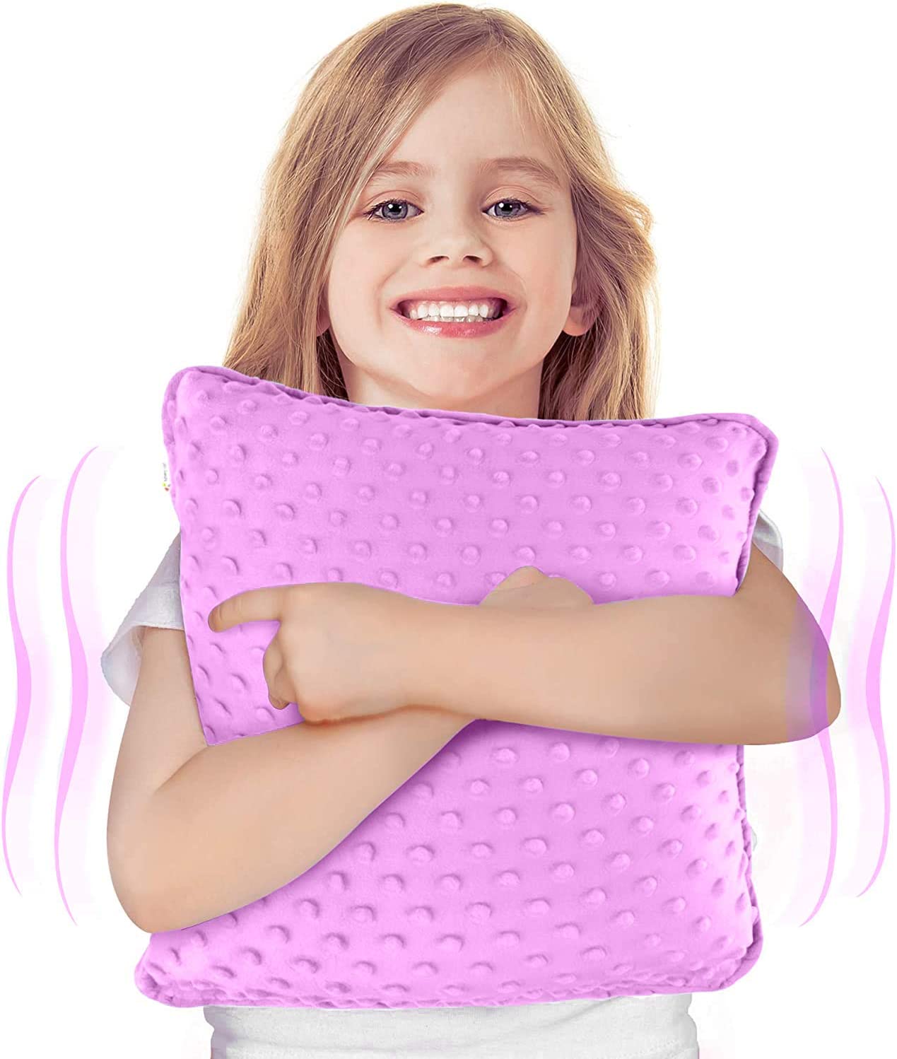 Purple sensory vibrating hug pillow with textured raised dot plush cover