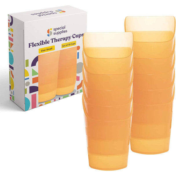Flexible small therapy drink cups, orange plastic, pack of 10 with front nose cutout