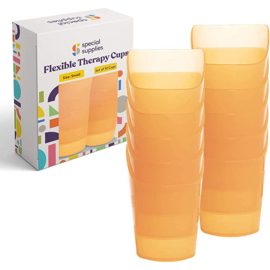 Flexible small therapy drink cups, orange plastic, pack of 10 with front nose cutout
