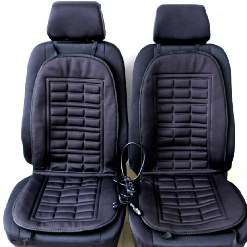 Two black heated car seat pads with backrest, matching seat cushion grid inserts