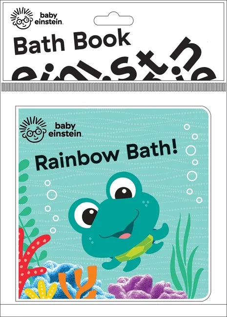 Baby bath book cover with teal frog, rainbow title, bubbles and coral illustrations