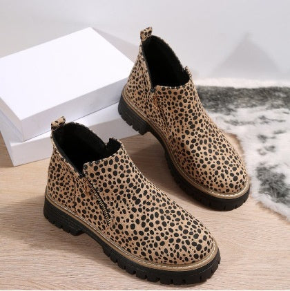 Leopard print suede ankle boots with side zipper and chunky black lug sole