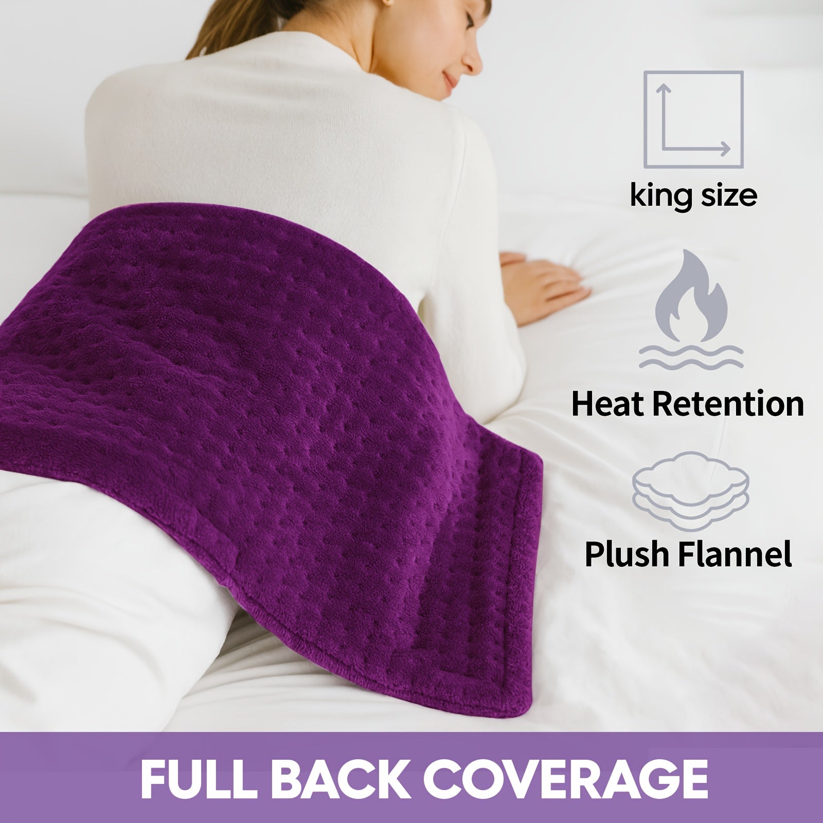 Electric heating pad for full back coverage, king size plush flannel, purple