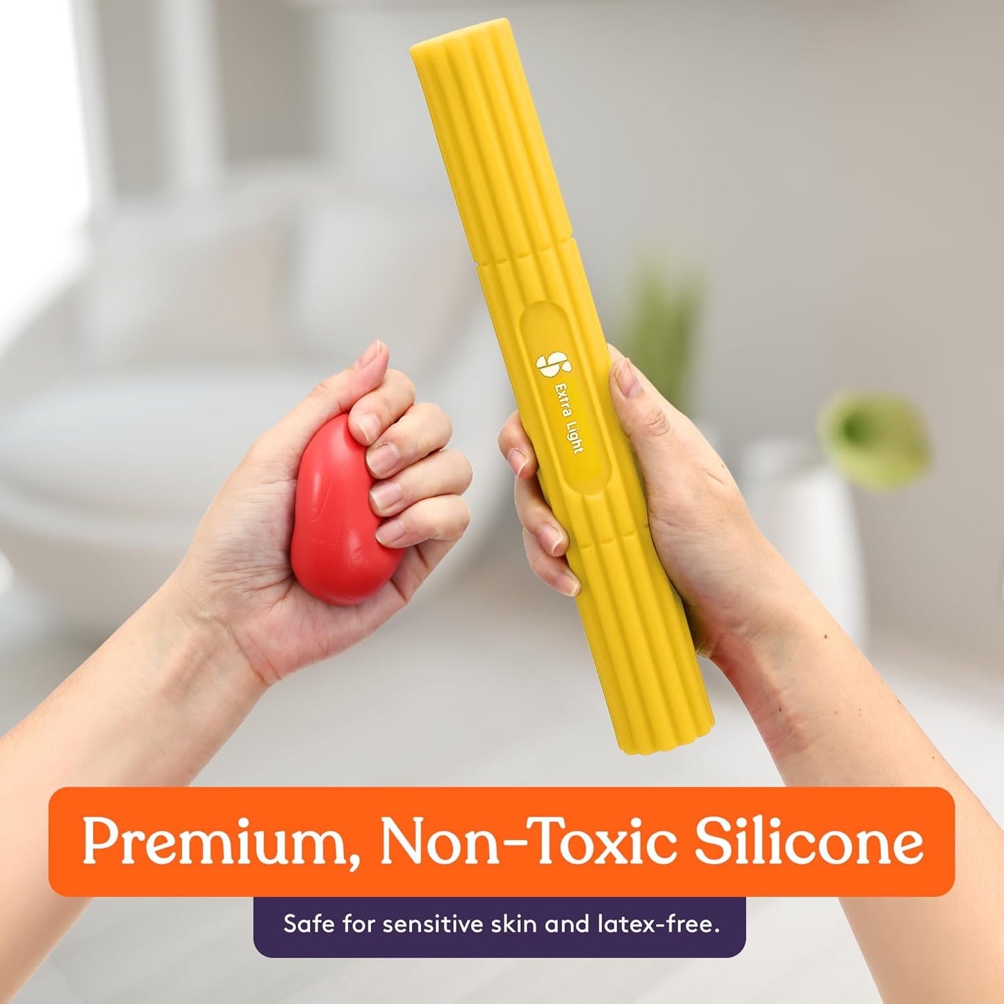 Hand therapy putty and flex bar: red putty ball and yellow ridged flex rod in hands