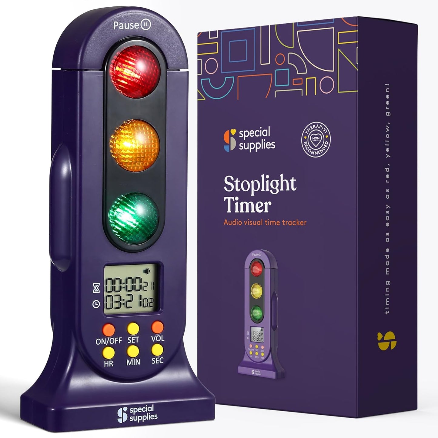 Purple traffic-light countdown timer with red, amber, and green lights plus digital display
