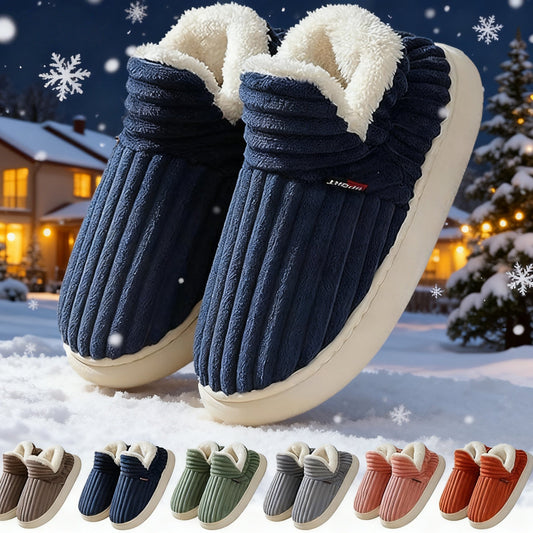 Plush home slippers in navy blue with white fuzzy cross strap and thick sole