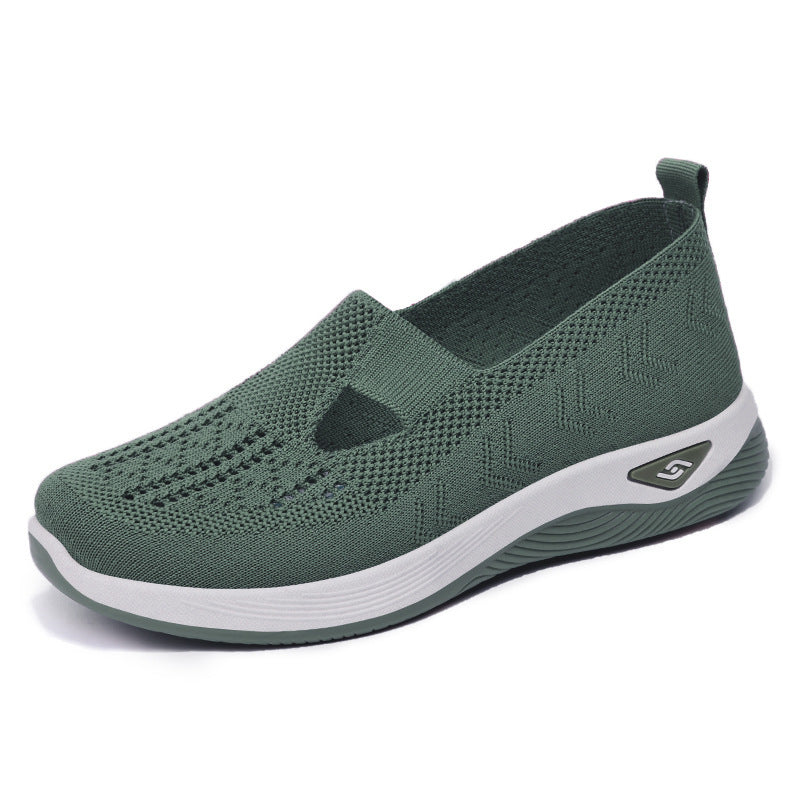 Women’s breathable mesh slip-on shoes, dark green with white sole and side logo patch
