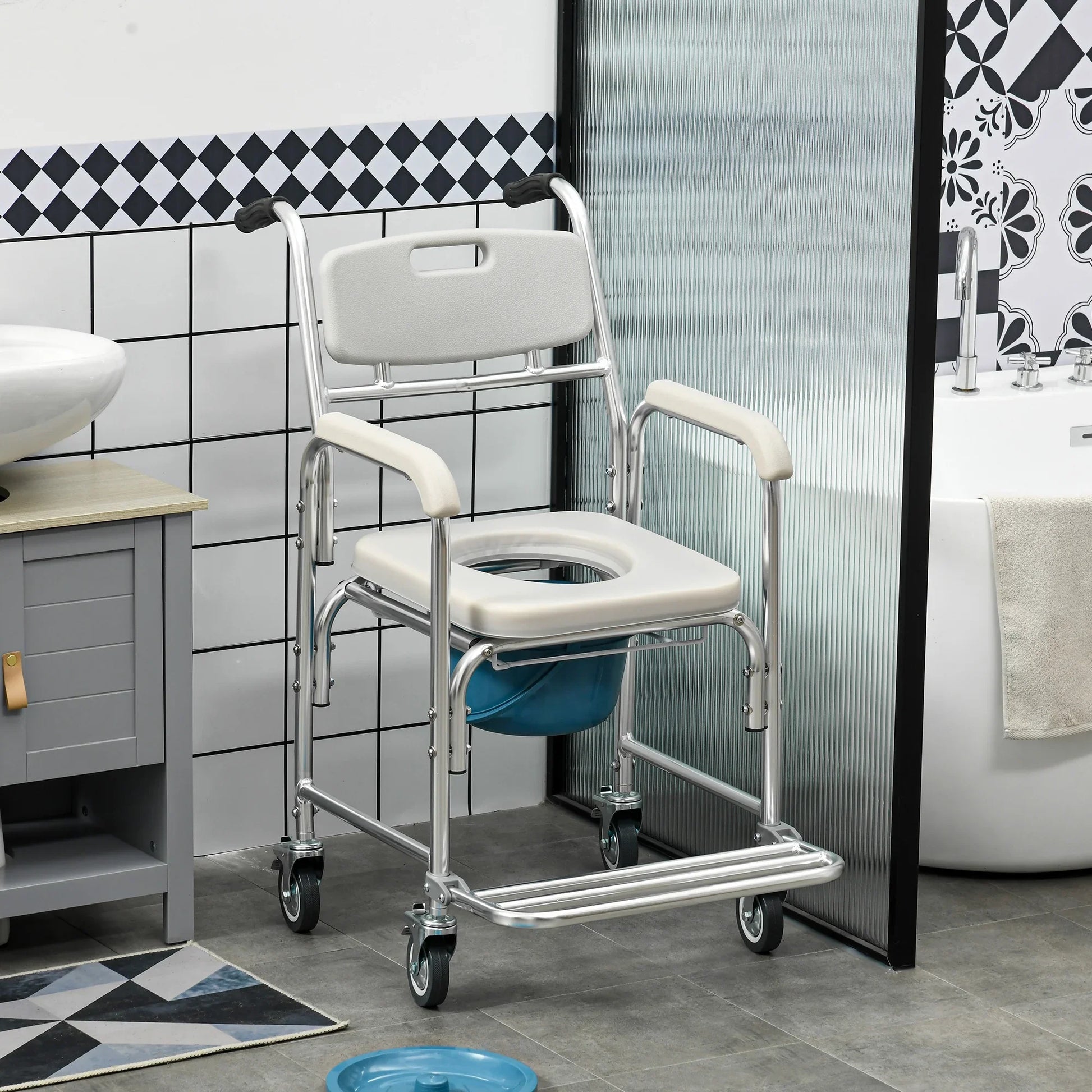 Shower commode wheelchair, white frame with armrests and blue commode bucket