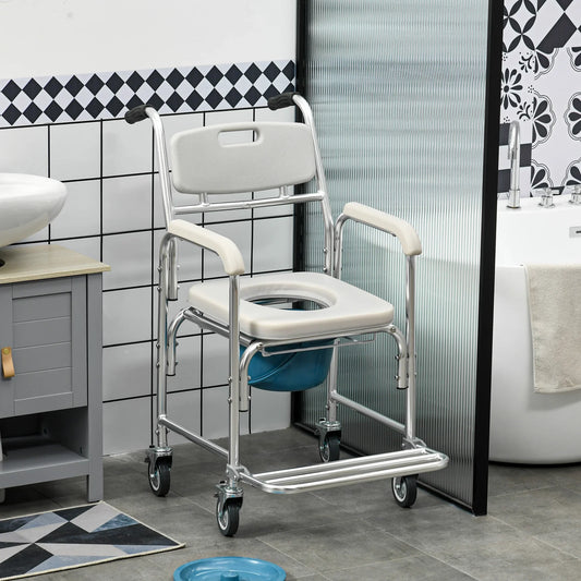 Shower commode wheelchair, white frame with armrests and blue commode bucket