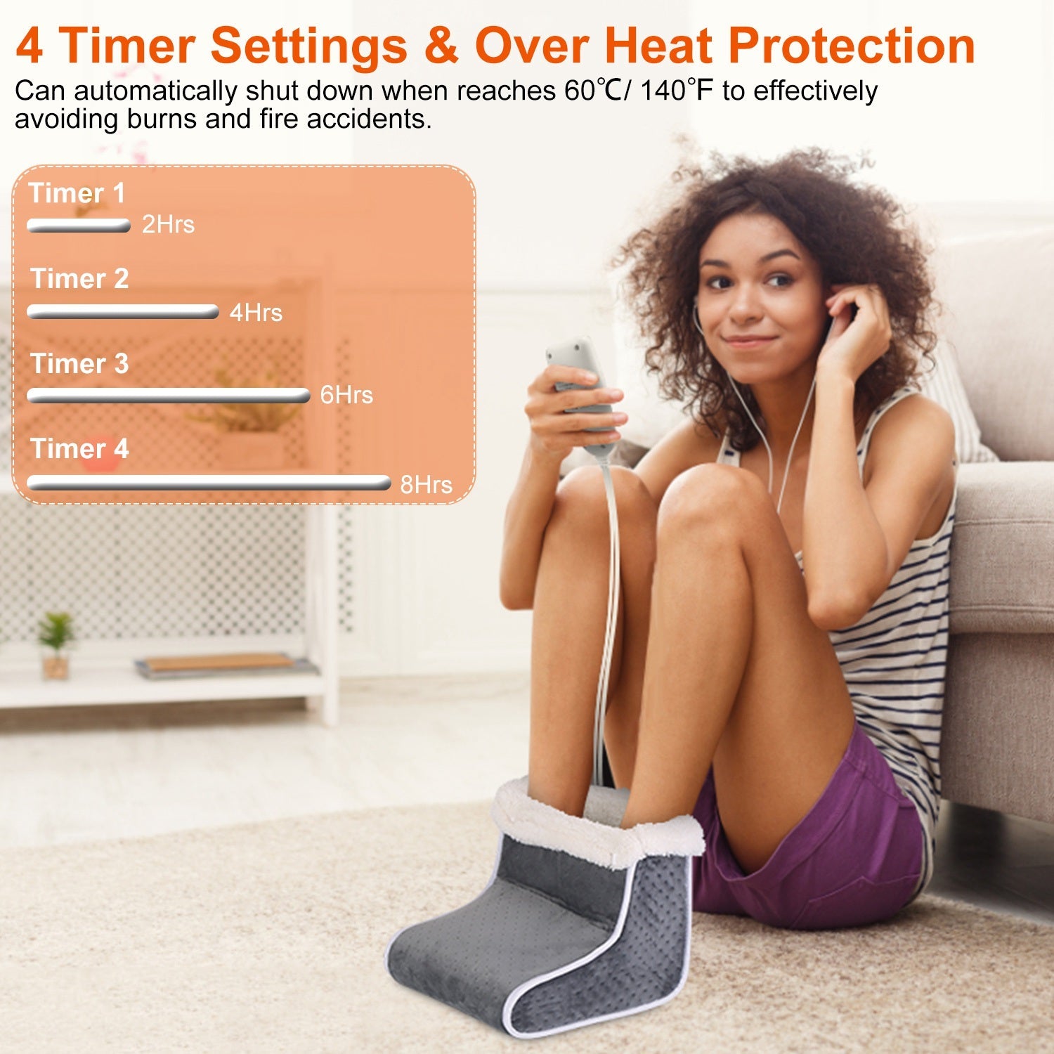 Electric heated foot warmer on the floor with attached power controller and cable