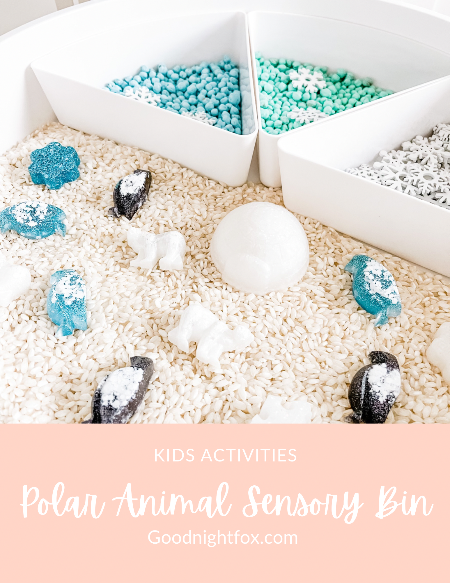 Frost-themed sensory bin with three sections of white and teal beads and foam animal pieces