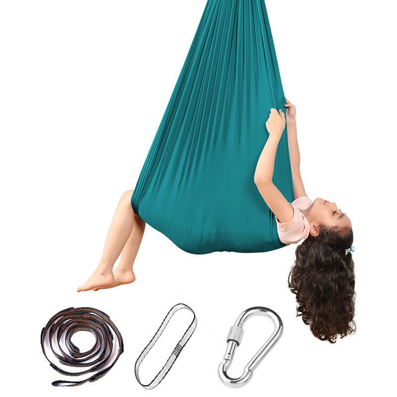 Hanging hammock swing chair in blackish green with included rope, straps, and carabiners.