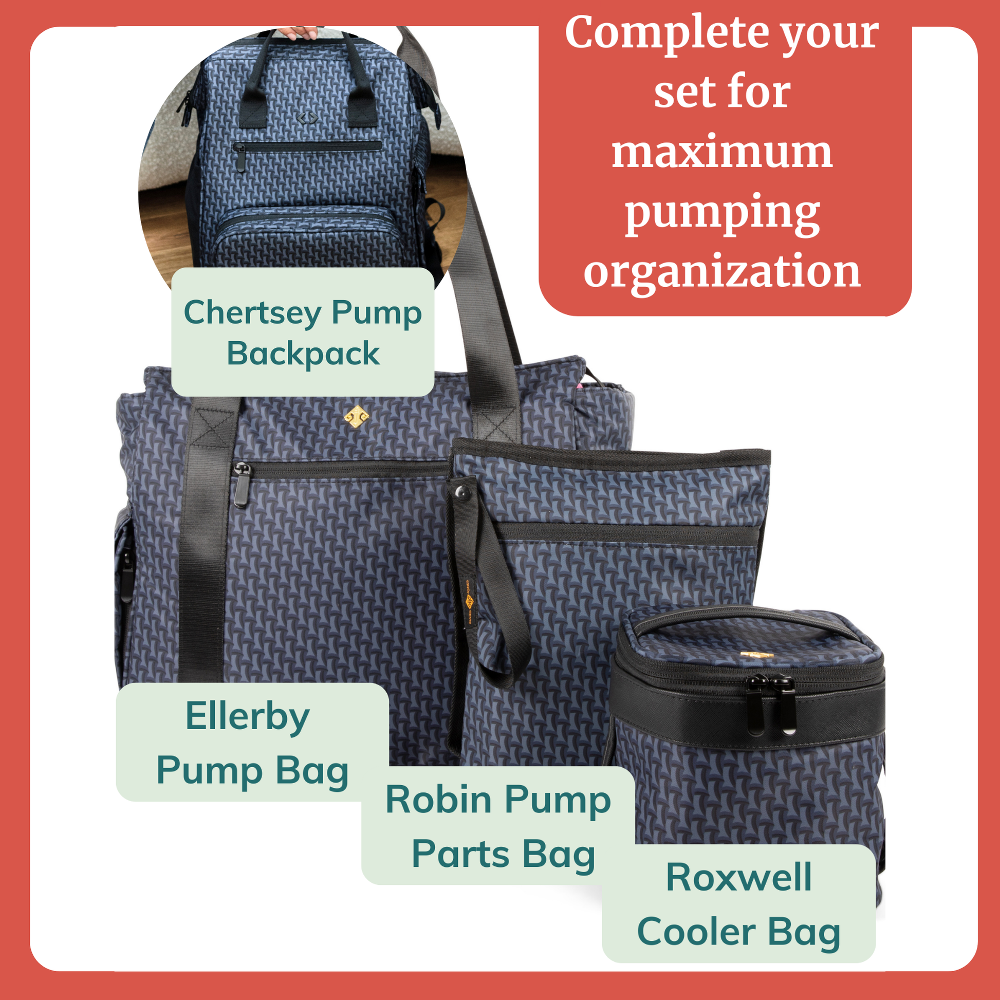 Roxwell cooler bag in navy patterned fabric with attached strap; shown with other pump bags