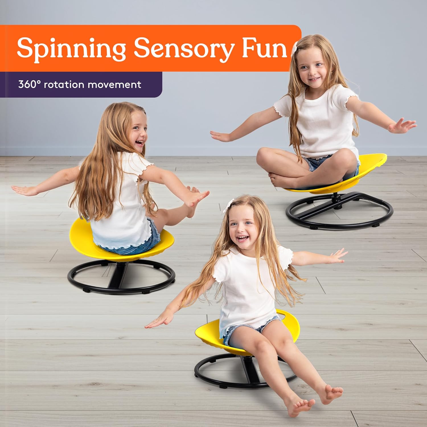 Yellow kids spinning chair with smile face and black base, shown with children