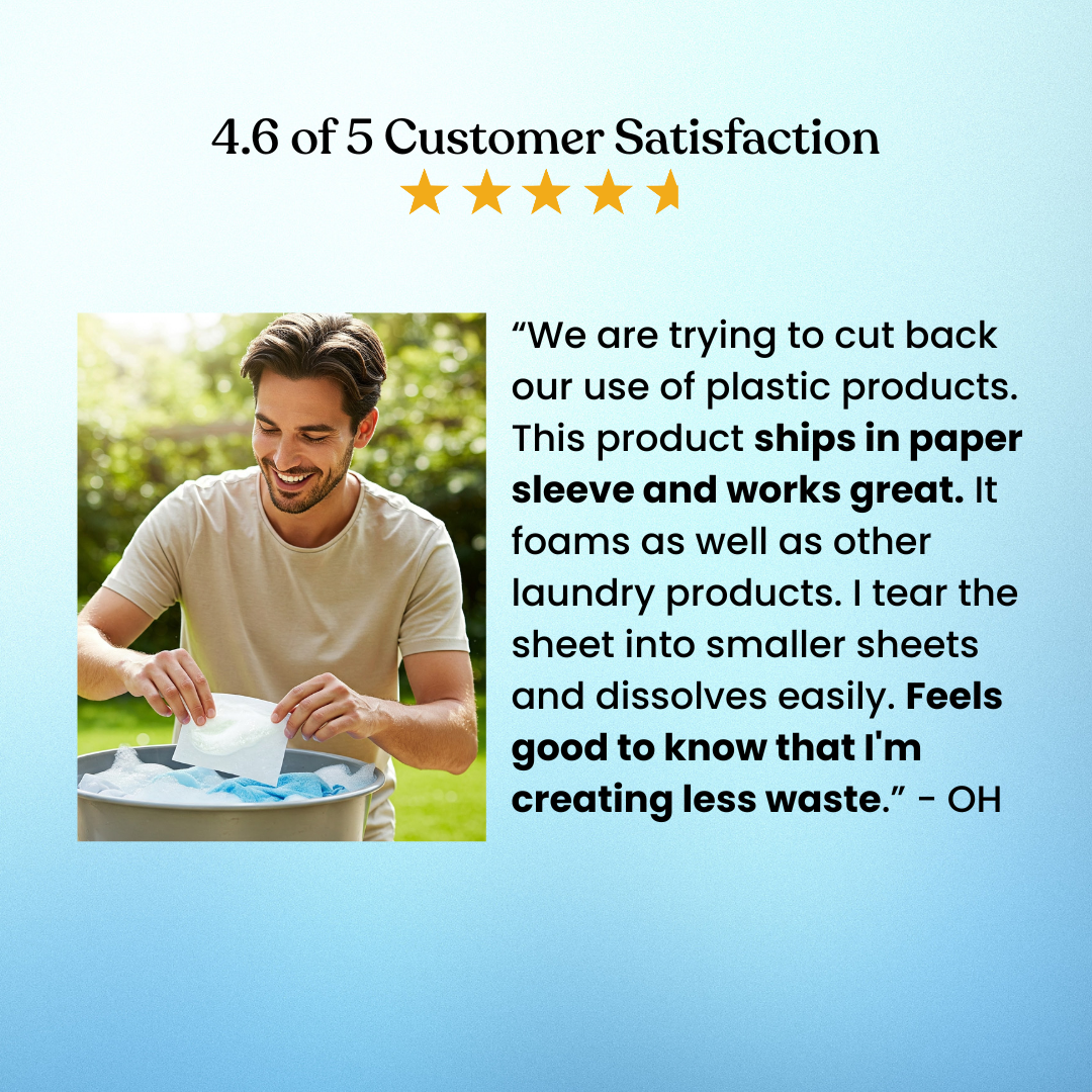 Laundry detergent sheets customer satisfaction review graphic with five star rating