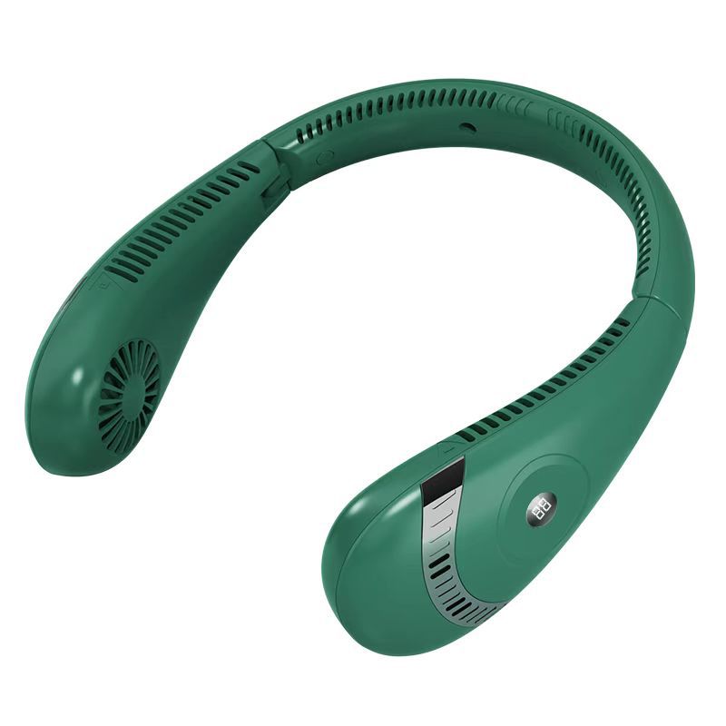 Portable hanging neck fan in green with vented airflow openings and side control display area.