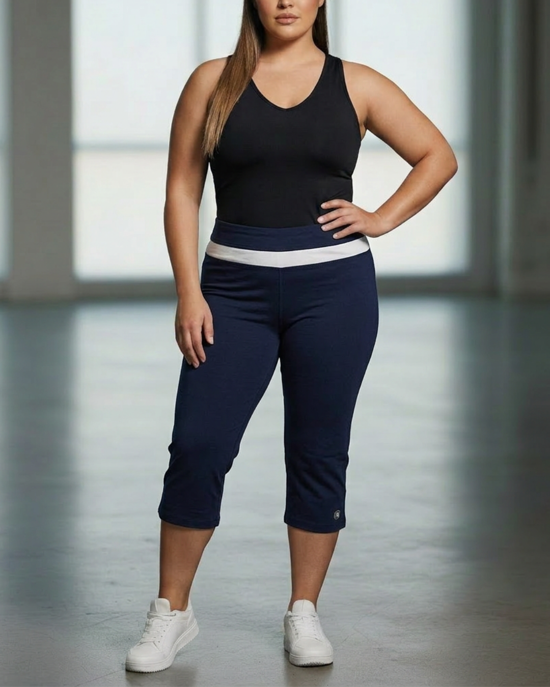 Plus inset capri pants in navy with contrast waistband, front view