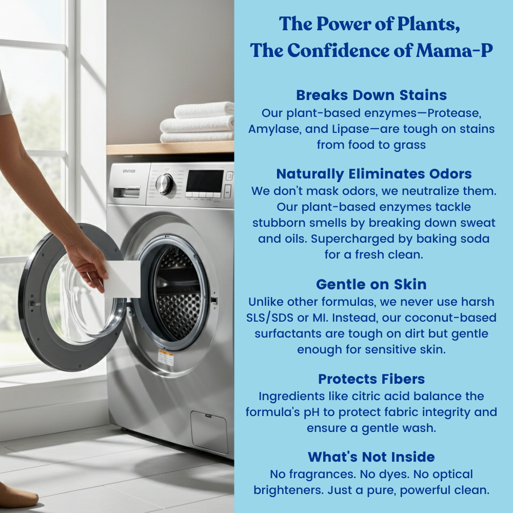 Sensitive skin laundry detergent sheets next to an open washing machine drum