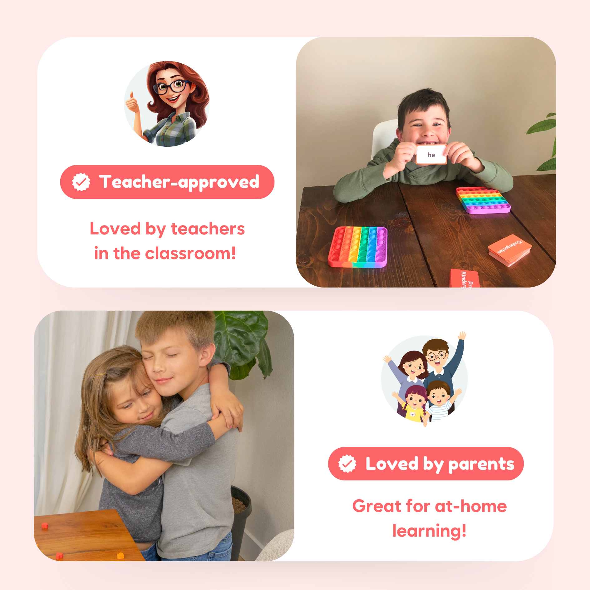 Children learning at home with colorful pop-it tiles on a tabletop