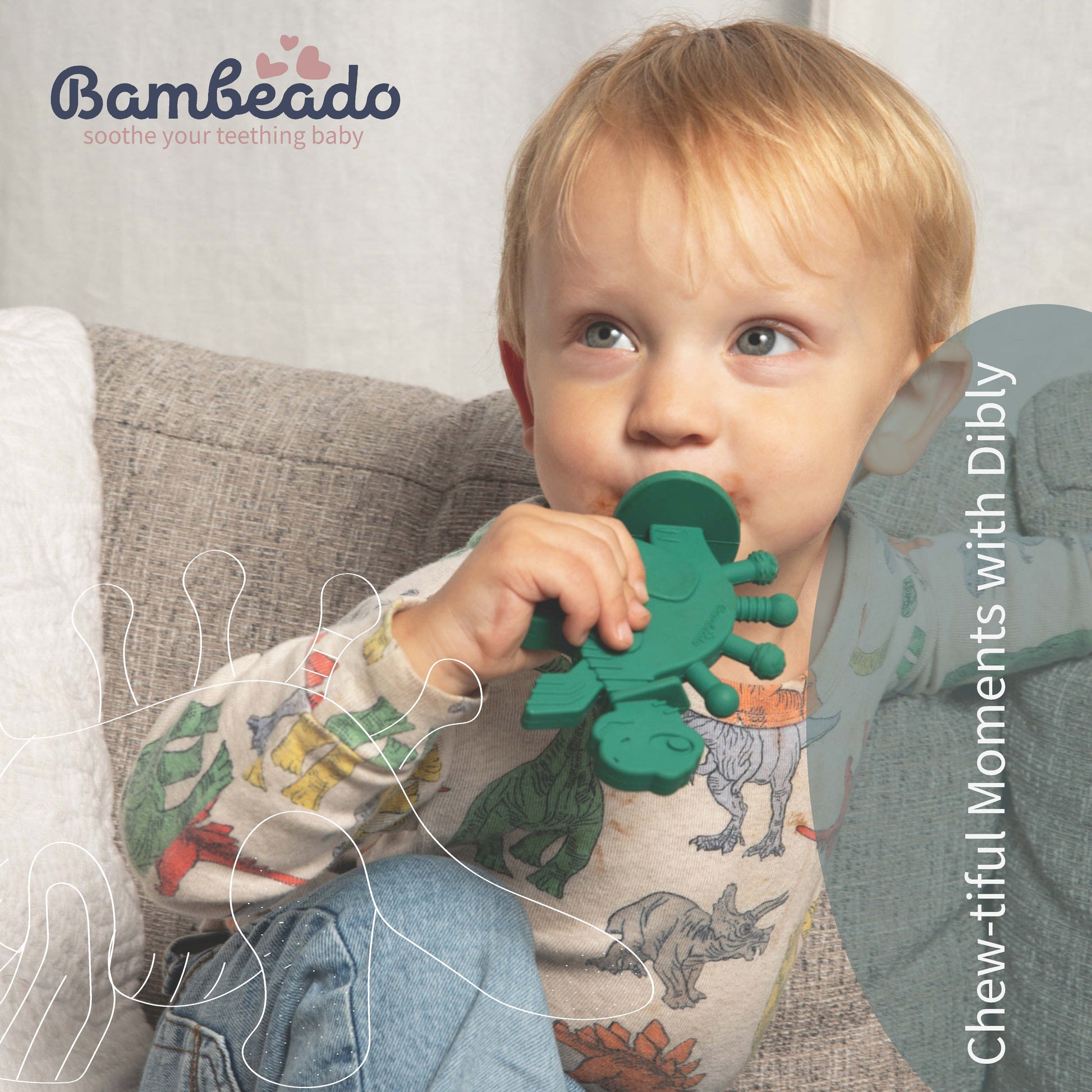 Child holding a green dinosaur-shaped teething toy with 'Bambeado' branding.