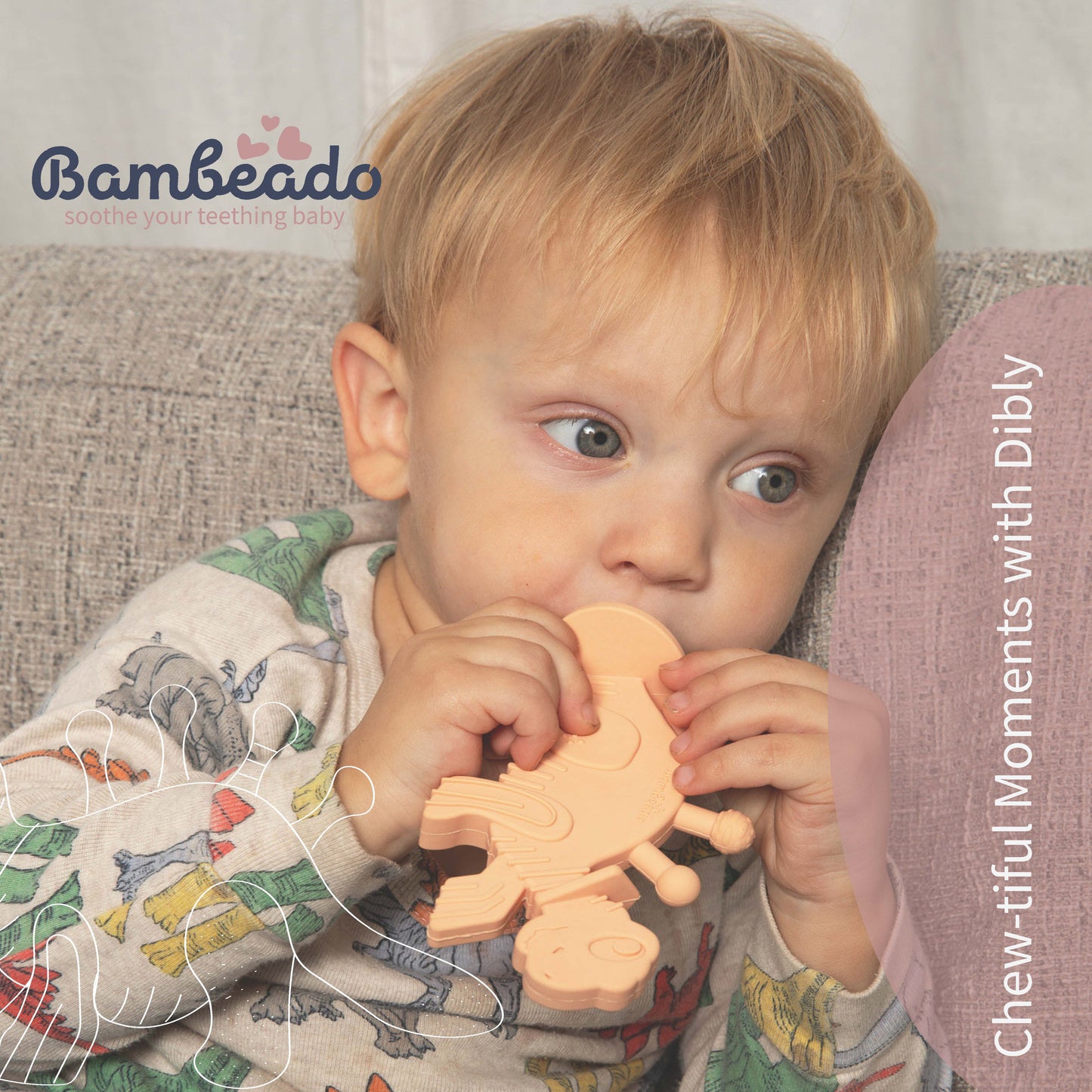 Child holding a chew toy with 'Bambeado' branding in the background