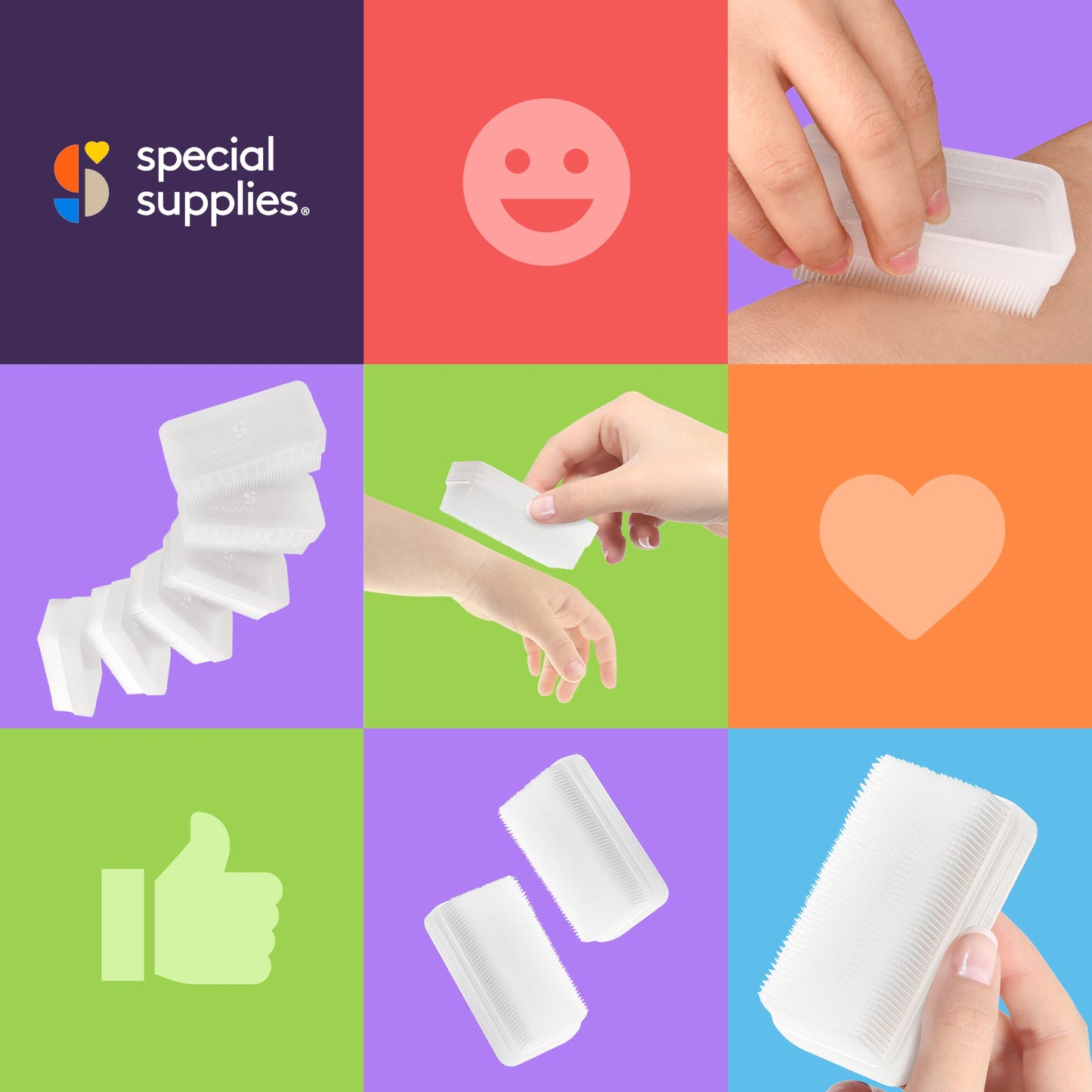 Sensory therapy brushes with white soft bristles, shown in a multi-view collage.
