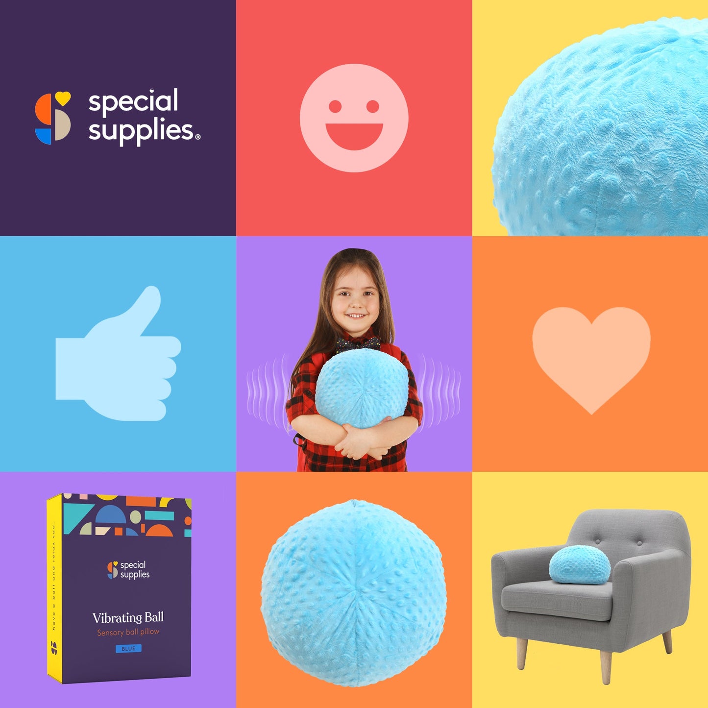 Blue vibrating sensory ball pillow, textured round cushion for sensory comfort
