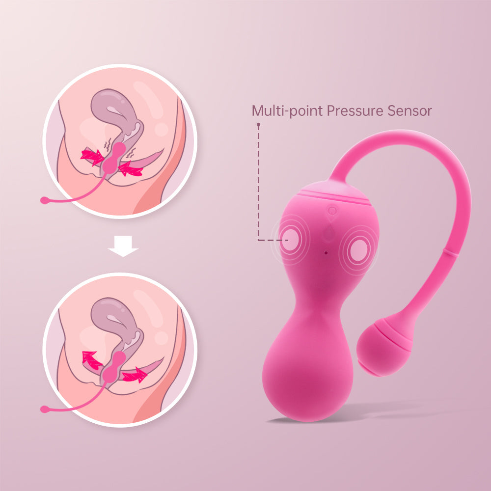 Pink pelvic floor trainer with loop handle, multi-point pressure sensor graphic