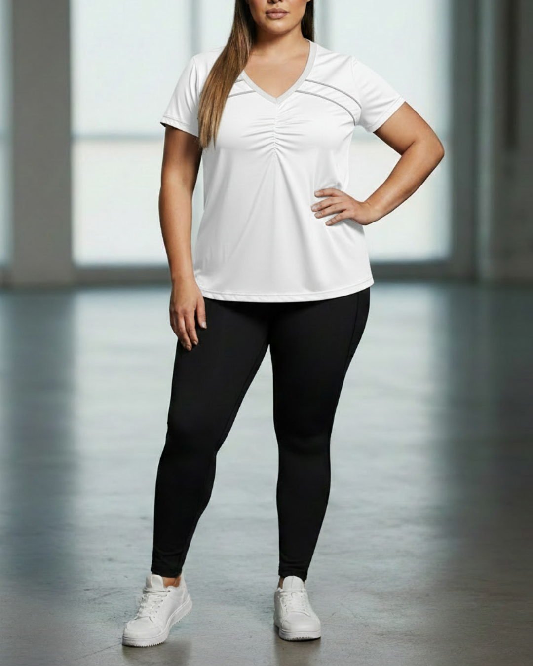 White sport V-neck tee with gray contrast piping and ruched front