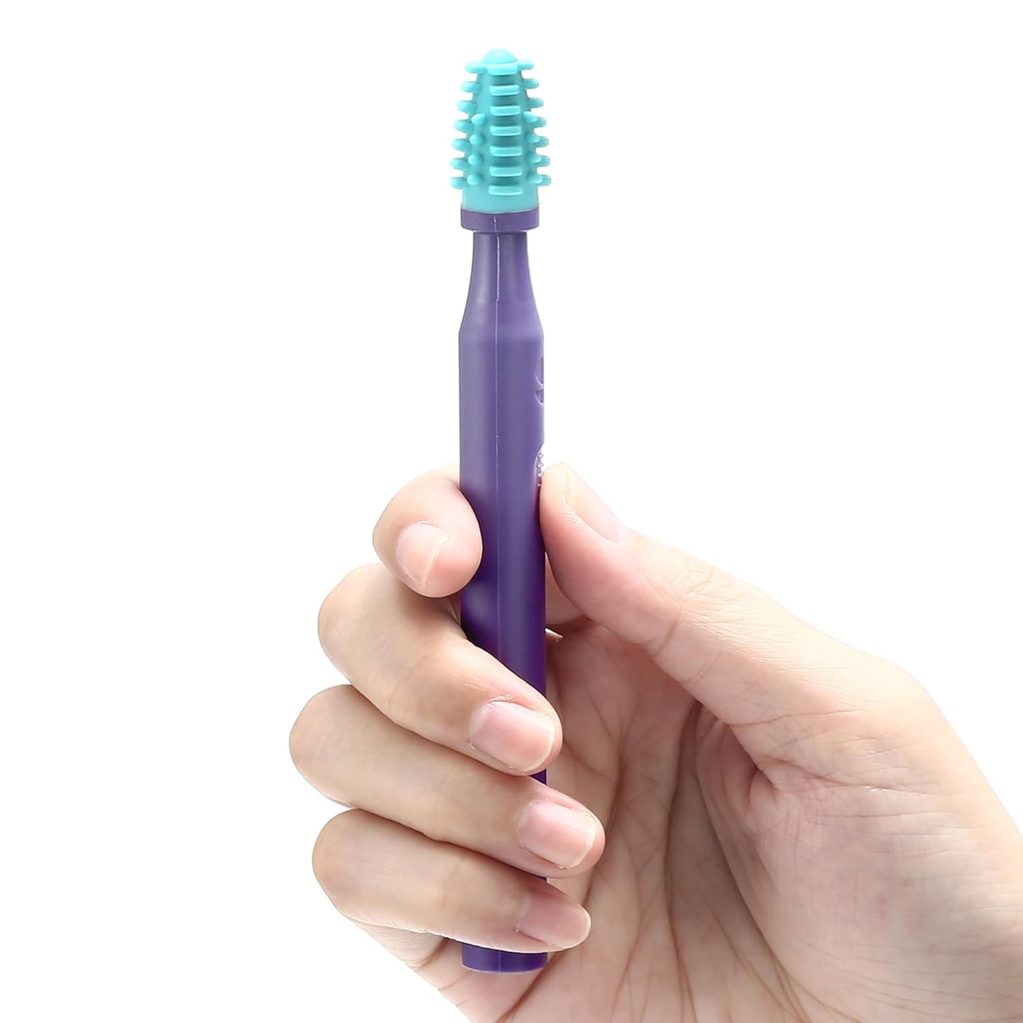 Silicone mouth brush with textured light-blue bristles on a purple handle