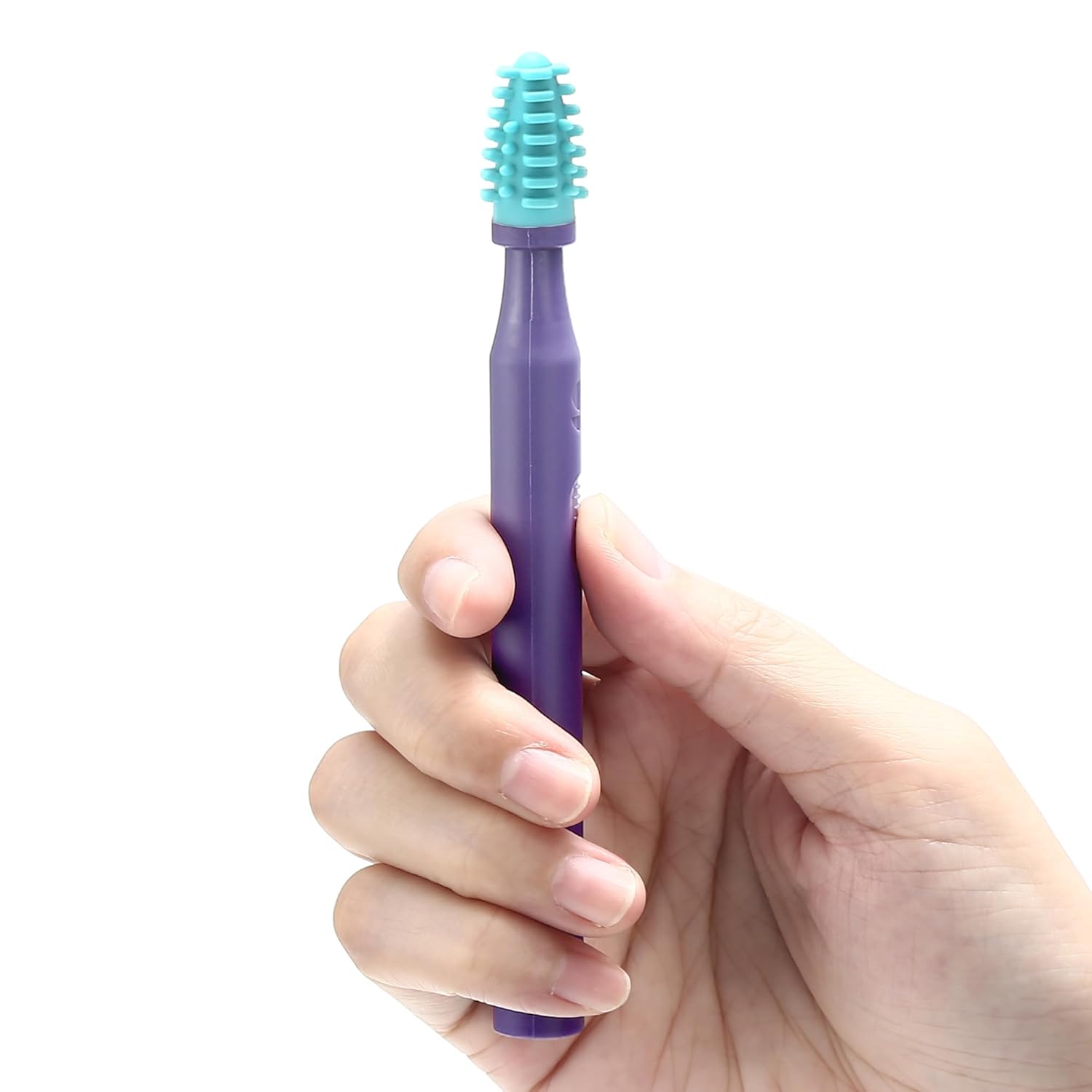 Silicone mouth brush with textured light-blue bristles on a purple handle