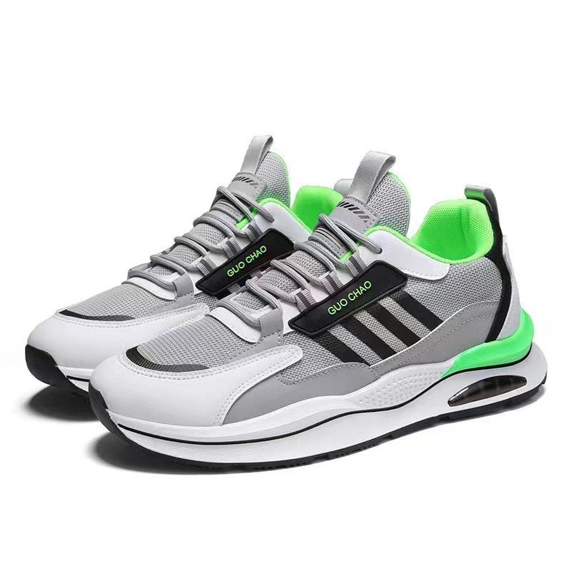 Breathable mesh sneakers in white and gray with neon green collar and stripe