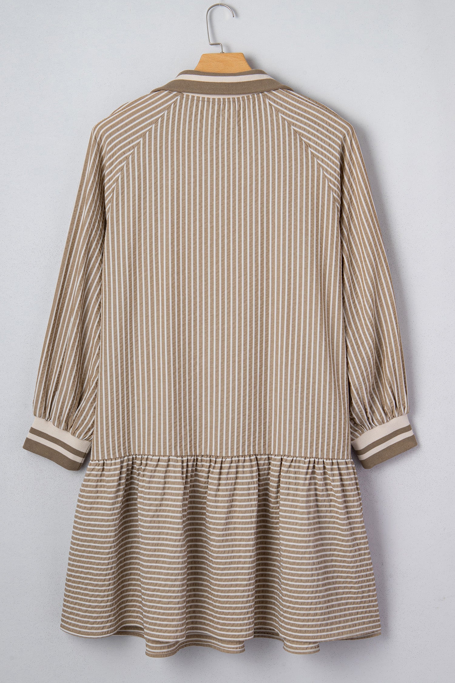 Khaki stripe mini dress back on hanger, long sleeves, tiered ruffle skirt hem