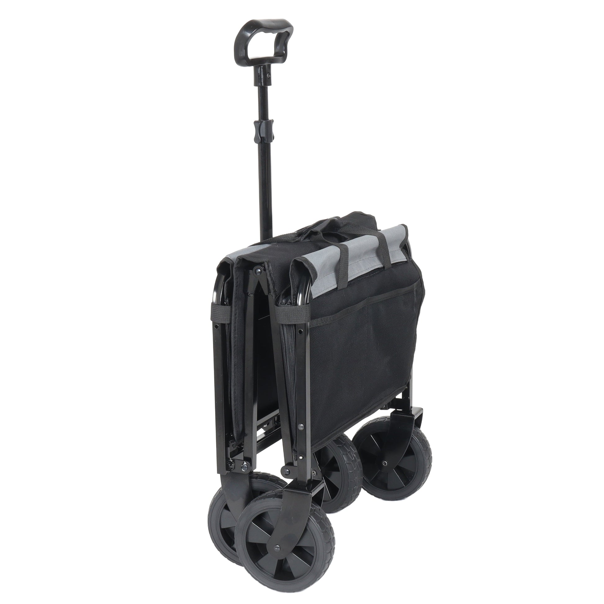 Foldable wagon with side panels, black fabric basket and gray top, on four wheels